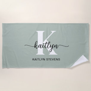 Sage Green Script Monogram Beach Towel