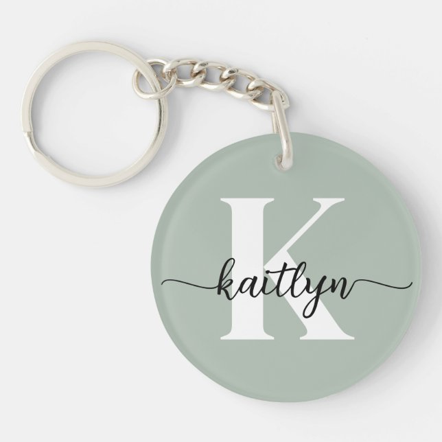 Sage Green Script Monogram Key Ring (Front)