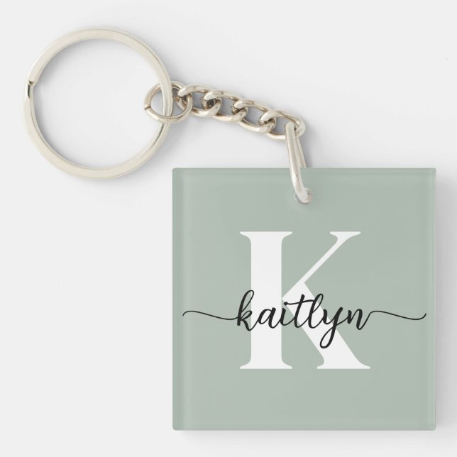 Sage Green Script Monogram Key Ring (Front)