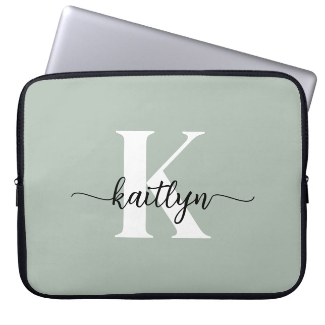 Sage Green Script Monogram Laptop Sleeve (Front)