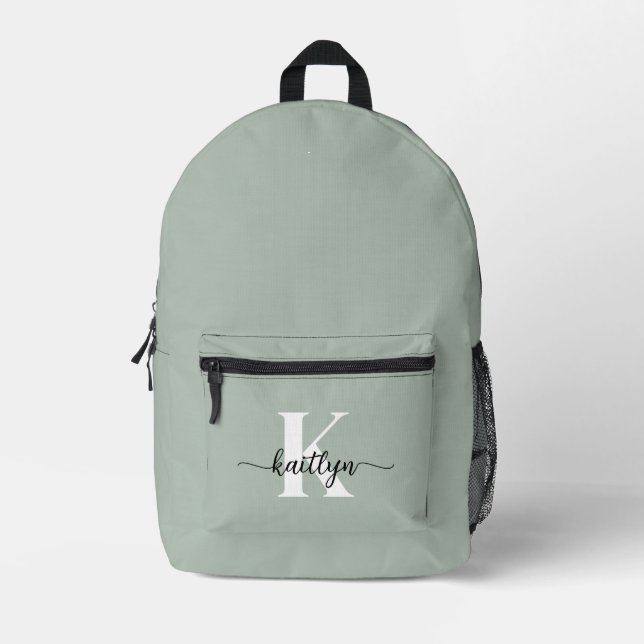 Sage Green Script Monogram Printed Backpack (Front)
