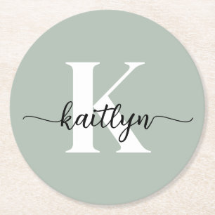 Sage Green Script Monogram Round Paper Coaster