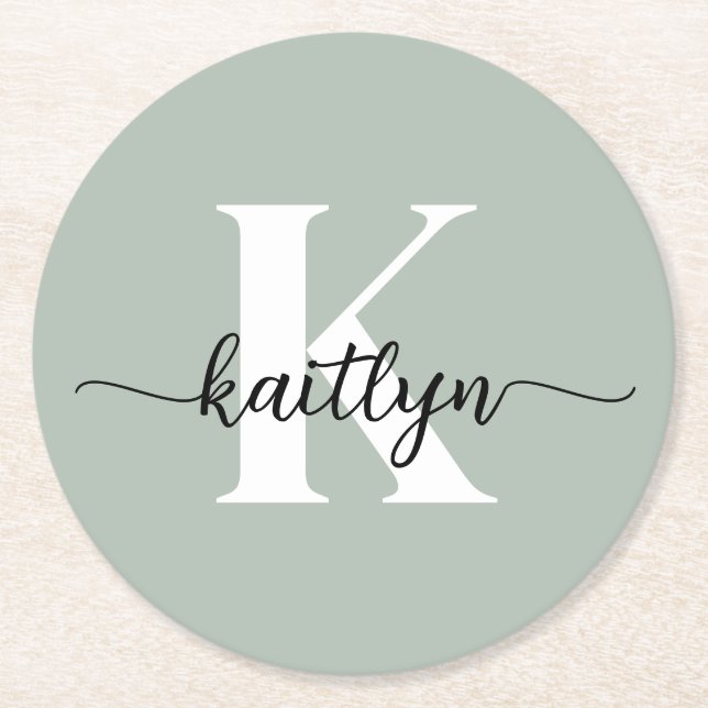 Sage Green Script Monogram Round Paper Coaster (Front)