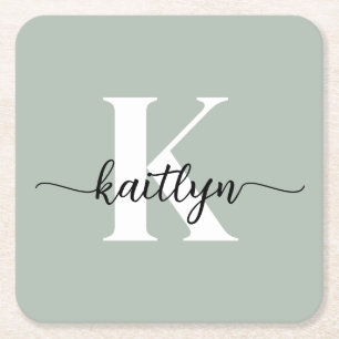 Sage Green Script Monogram Square Paper Coaster