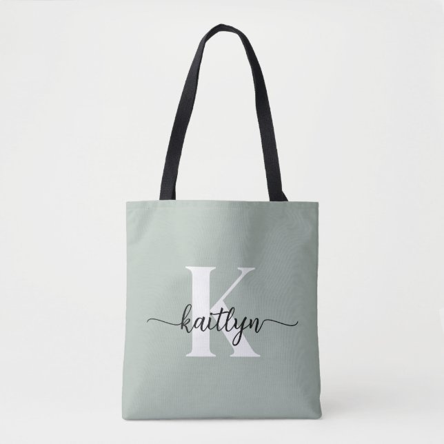 Sage Green Script Monogram Tote Bag (Front)