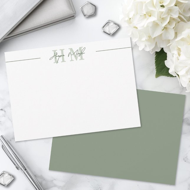 Sage Green Script Name Monogram Card (Sage Green Script Name Monogram Note Card)