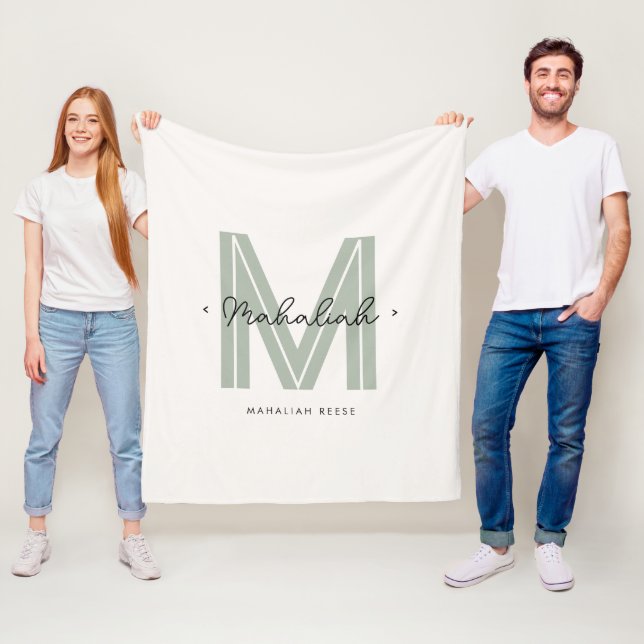 Sage Green Script Name Monogram Fleece Blanket (In Situ)