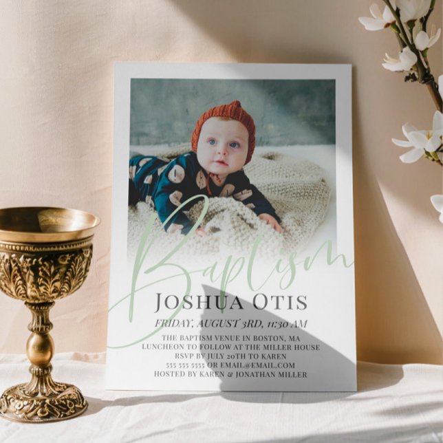 Sage Green Script Photo Baptism  Invitation (Creator Uploaded)