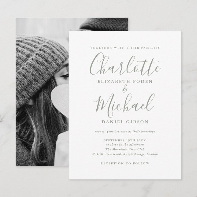 Sage Green Script Photo Wedding Invitation Postcard (Front/Back)
