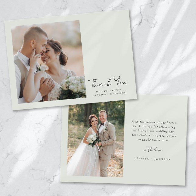Sage Green Script Photo Wedding Thank You Card (Creator Uploaded)