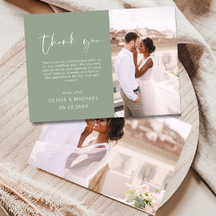 Sage Green Script Photo Wedding Thank You Card