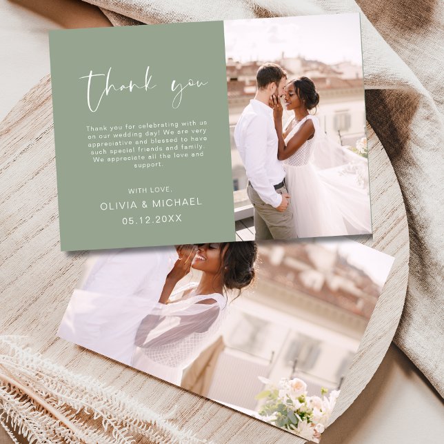 Sage Green Script Photo Wedding Thank You Card (Creator Uploaded)