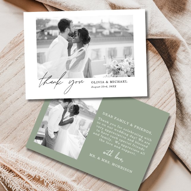 Sage Green Script Photo Wedding Thank You Card (Creator Uploaded)