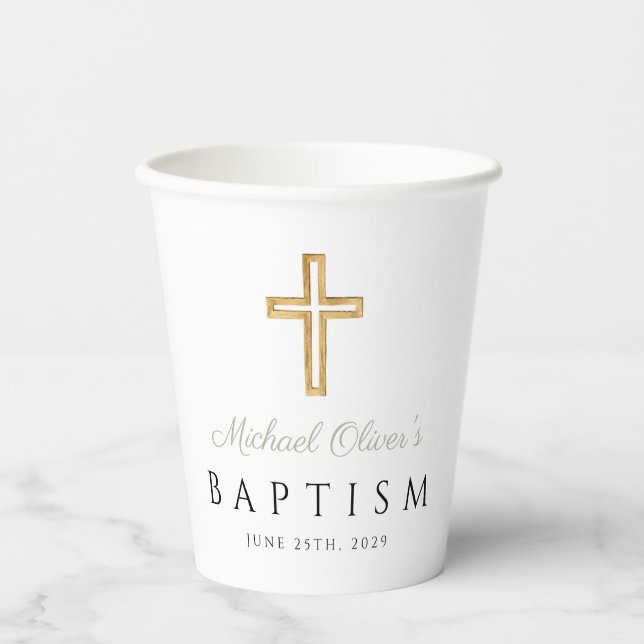 Sage Green Script Religious Cross Boy Baptism Paper Cups (Front)
