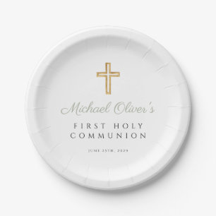Sage Green Script Religious First Communion Paper Plate