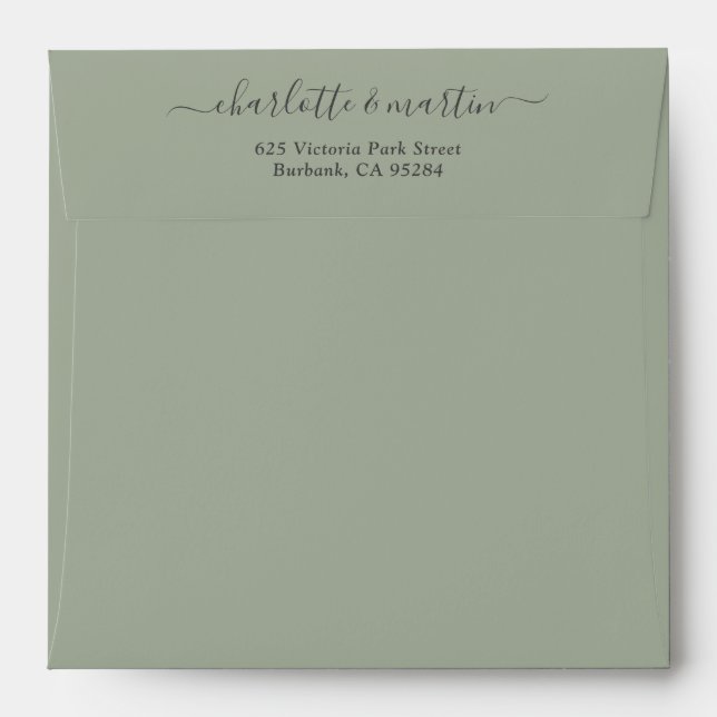 Sage Green Script Return Address Wedding Square Envelope (Back (Top Flap))