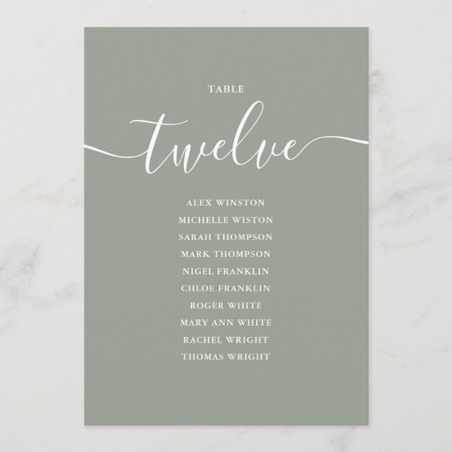 Sage Green Script Table Number 12 Seating Chart (Front)
