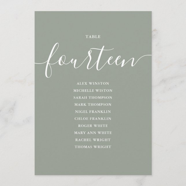 Sage Green Script Table Number 14 Seating Chart (Front)