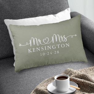 Sage Green Script Typography Personalised Mr Mrs Decorative Cushion