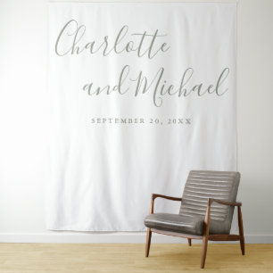 Sage Green Script Wedding Photo Booth Backdrop Tapestry
