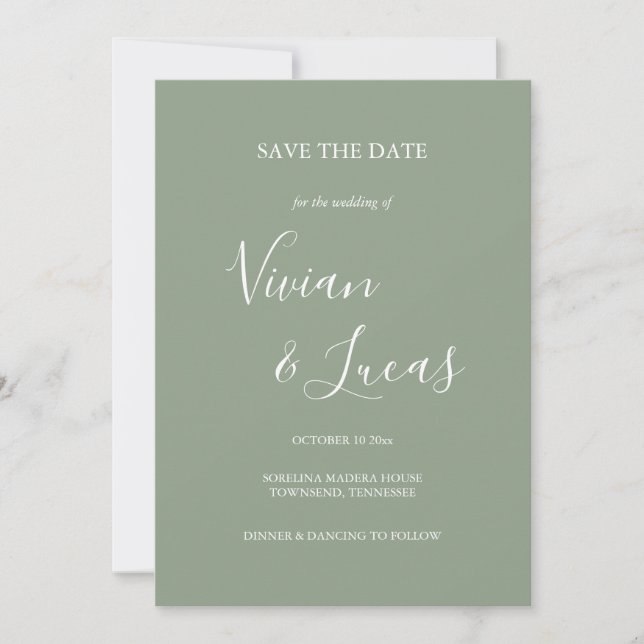 Sage Green Script Wedding Save the Date (Front)