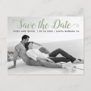 Sage green script wedding Save the Date photo Postcard