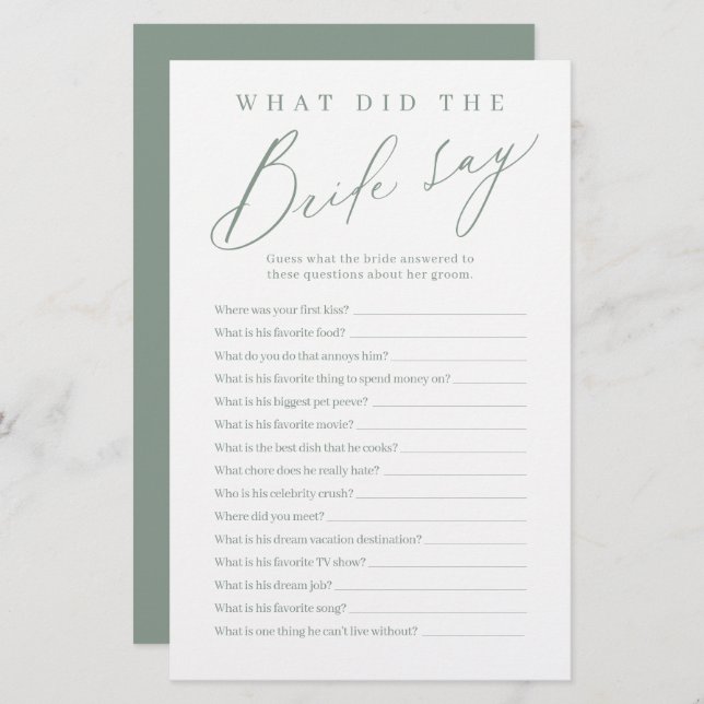 Sage green script what did the bride say game (Front/Back)