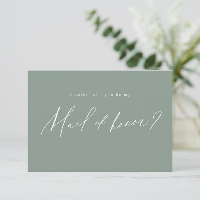 Sage green script will you be my maid of honour invitation (Standing Front)