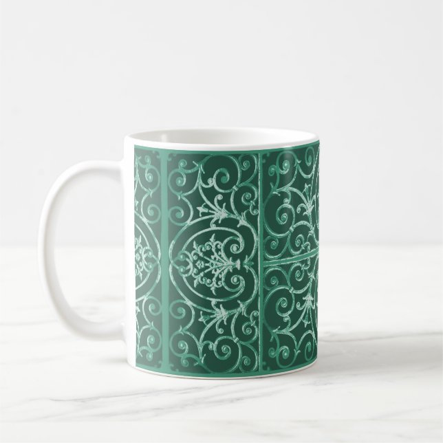 Sage green scrollwork pattern coffee mug (Left)