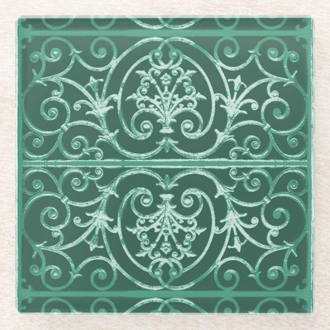 Sage green scrollwork pattern glass coaster (Front)