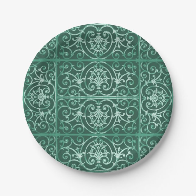 Sage green scrollwork pattern paper plate (Front)