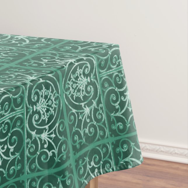 Sage green scrollwork pattern tablecloth (In Situ)