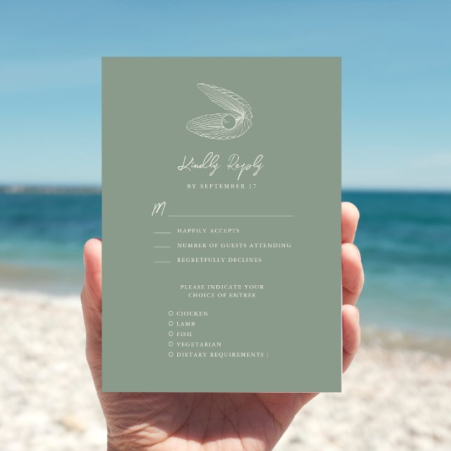Sage Green Seashell Beach Destination Wedding RSVP Card (Creator Uploaded)