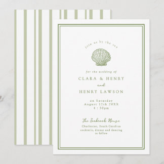 Sage Green Seashell Coastal Wedding Invitation
