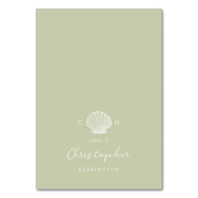 Sage Green Seashell Coastal Wedding Place Card (Front)