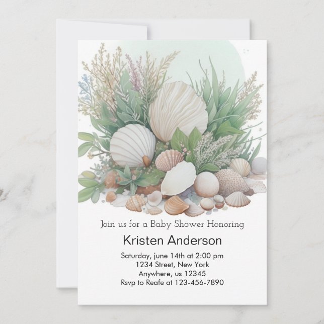 Sage Green Seashell Dreamy Baby Shower Invitation (Front)
