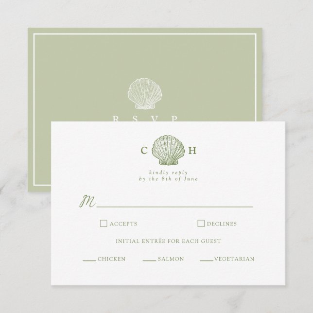 Sage Green Seashell Monogram Wedding RSVP Card (Front/Back)