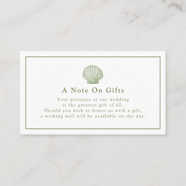 Sage Green Seashell Wedding Gift Note Card (Front)
