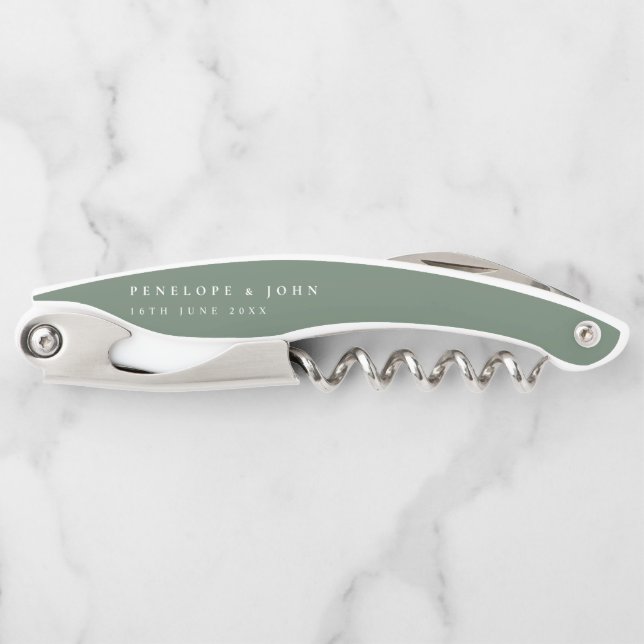 Sage Green Serif Text Name Date Wedding Corkscrew (Front)