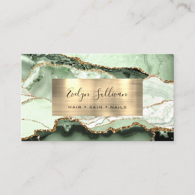 Sage Green Shades and Gold Agate Business Card (Front)