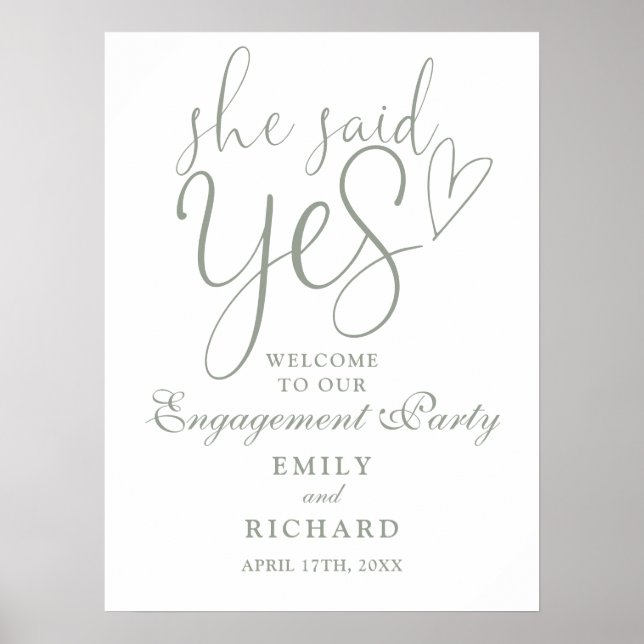 Sage Green She Said Yes Engagement Welcome Sign (Front)