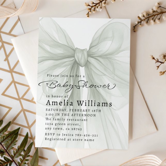 Sage Green Sheer Bow Minimal Baby Shower Invitation (Creator Uploaded)