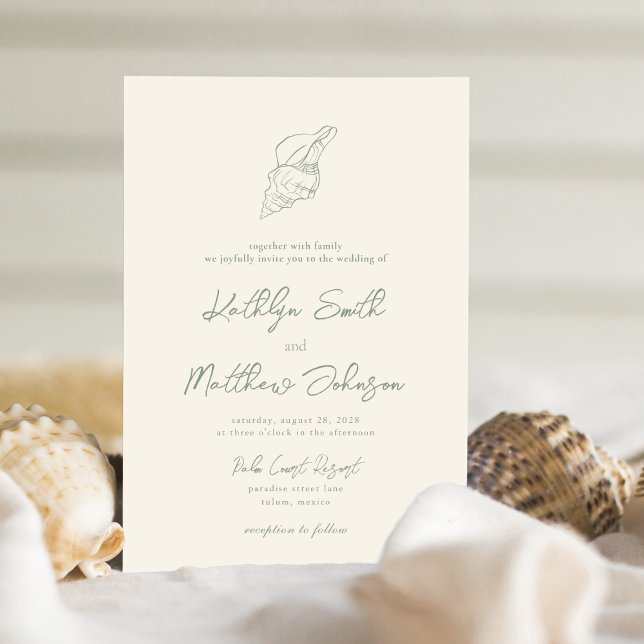 Sage Green Shell Beach Ocean Destination Wedding Invitation (Creator Uploaded)