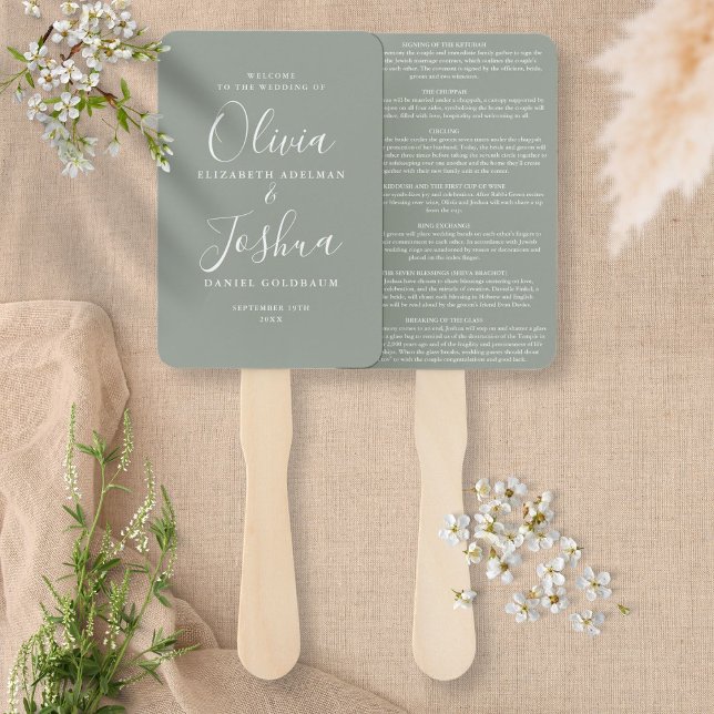 Sage Green Signature Script Jewish Wedding Hand Fan (Creator Uploaded)