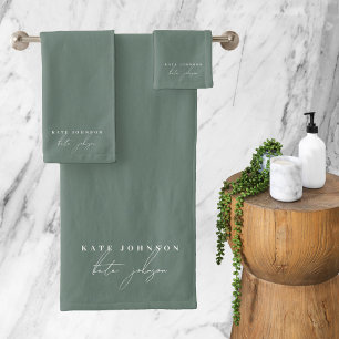 Sage Green Signature Script Monogram Bath Towel Set