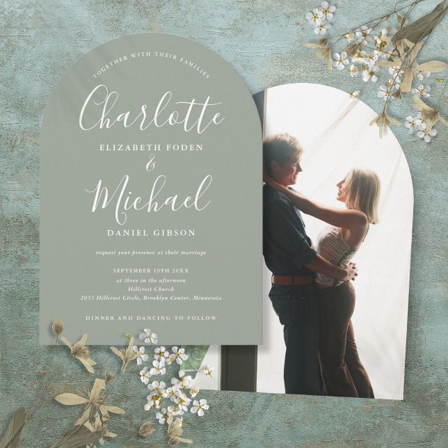 Sage Green Signature Script Photo Arch Wedding Invitation (Sage Green Signature Script Photo Arch Wedding Invitation)