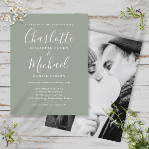 Sage Green Signature Script Photo Wedding Invitation Postcard