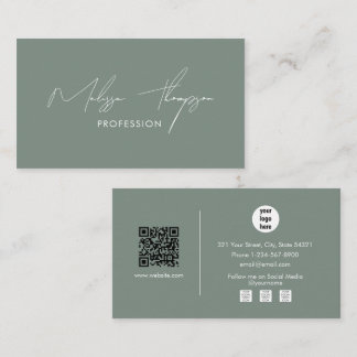 Sage Green Signature Script Professional QR Code  Business Card