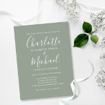 Sage Green Signature Script Wedding Invitation Postcard<br><div class="desc">Featuring signature style names,  this elegant sage green wedding invitation postcard can be personalised with your information in chic lettering. Designed by Thisisnotme©</div>