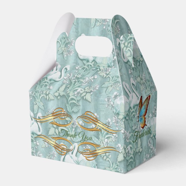 Sage green silk drapes & flamingos flowers favour box (Front Side)